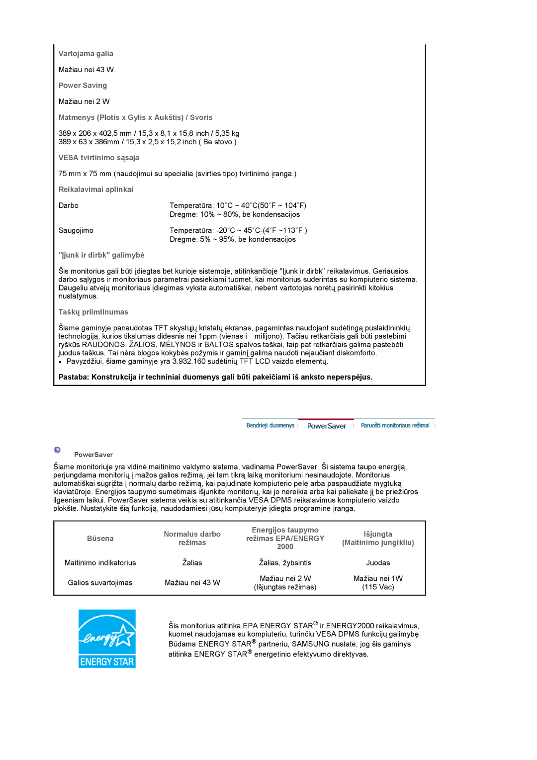 Samsung LS17MCASS/EDC manual Vartojama galia 