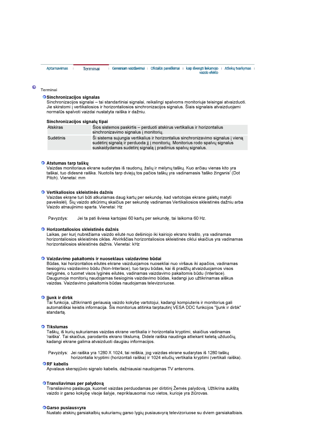 Samsung LS17MCASS/EDC manual Sinchronizacijos signalas, Sinchronizacijos signalų tipai, Atstumas tarp taškų, Įjunk ir dirbk 