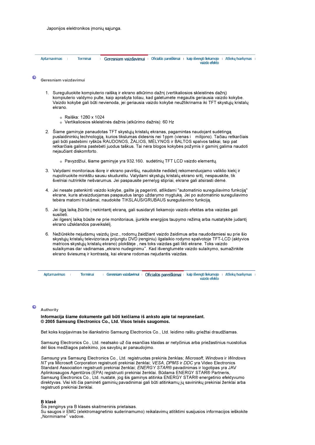 Samsung LS17MCASS/EDC manual Klasė 