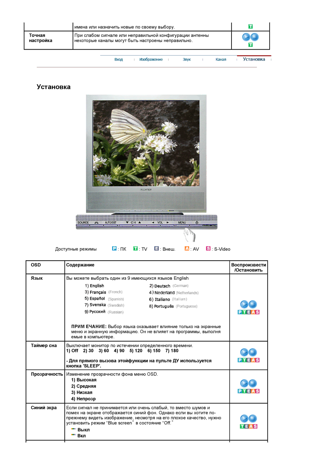 Samsung LS17MCASS/EDC manual Точная, Настройка, Язык, Таймер сна, Off 2 30 3 60 4 90 5 120 6 150 7 