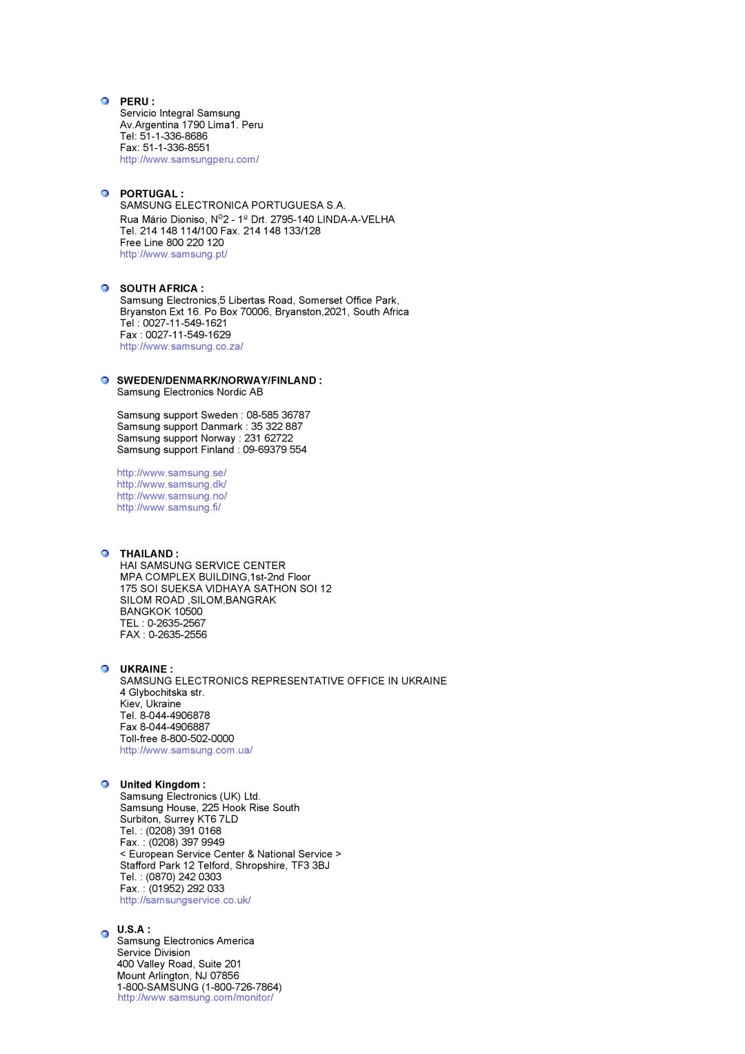 Samsung LS17MCASS/EDC manual Peru, Portugal, South Africa, Sweden/Denmark/Norway/Finland, Thailand, Ukraine 