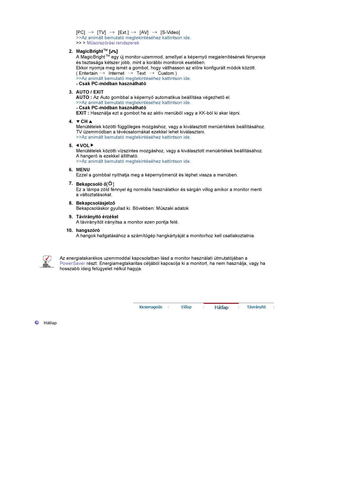 Samsung LS17MCASS/EDC manual Csak PC-módban használható, Auto / Exit, Bekapcsoló ő 