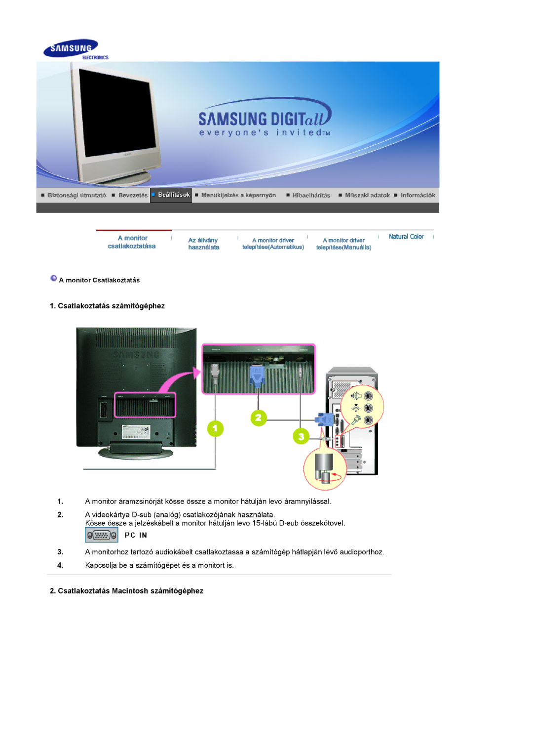 Samsung LS17MCASS/EDC manual Csatlakoztatás számítógéphez, Csatlakoztatás Macintosh számítógéphez 