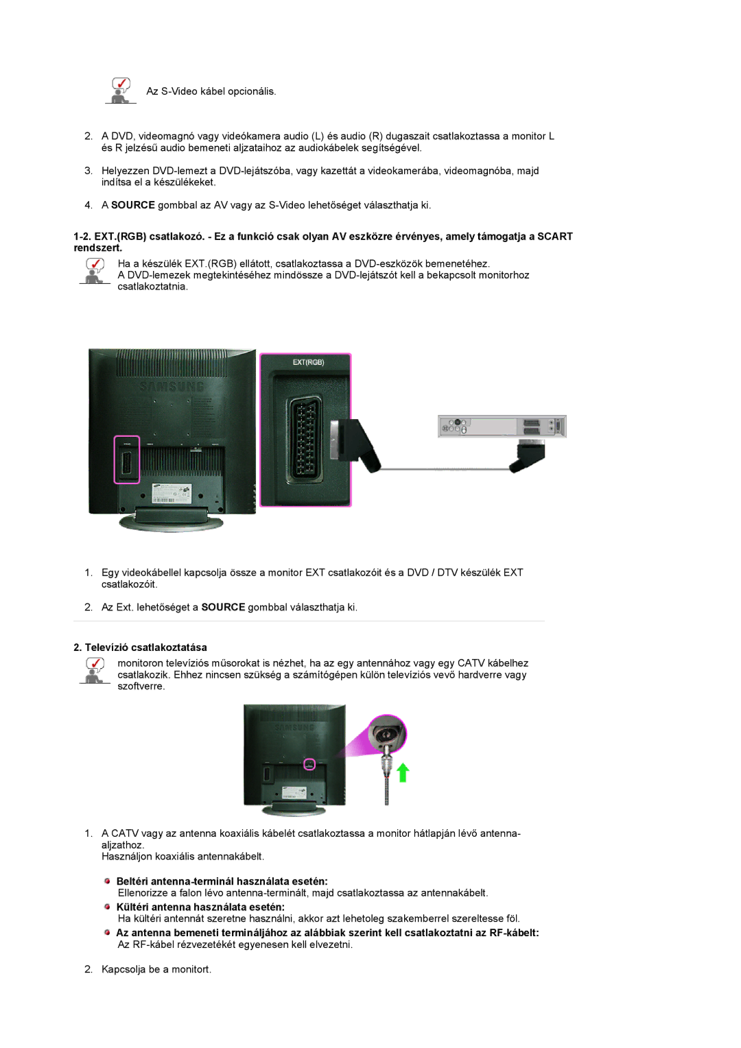 Samsung LS17MCASS/EDC manual Televízió csatlakoztatása, Beltéri antenna-terminál használata esetén 