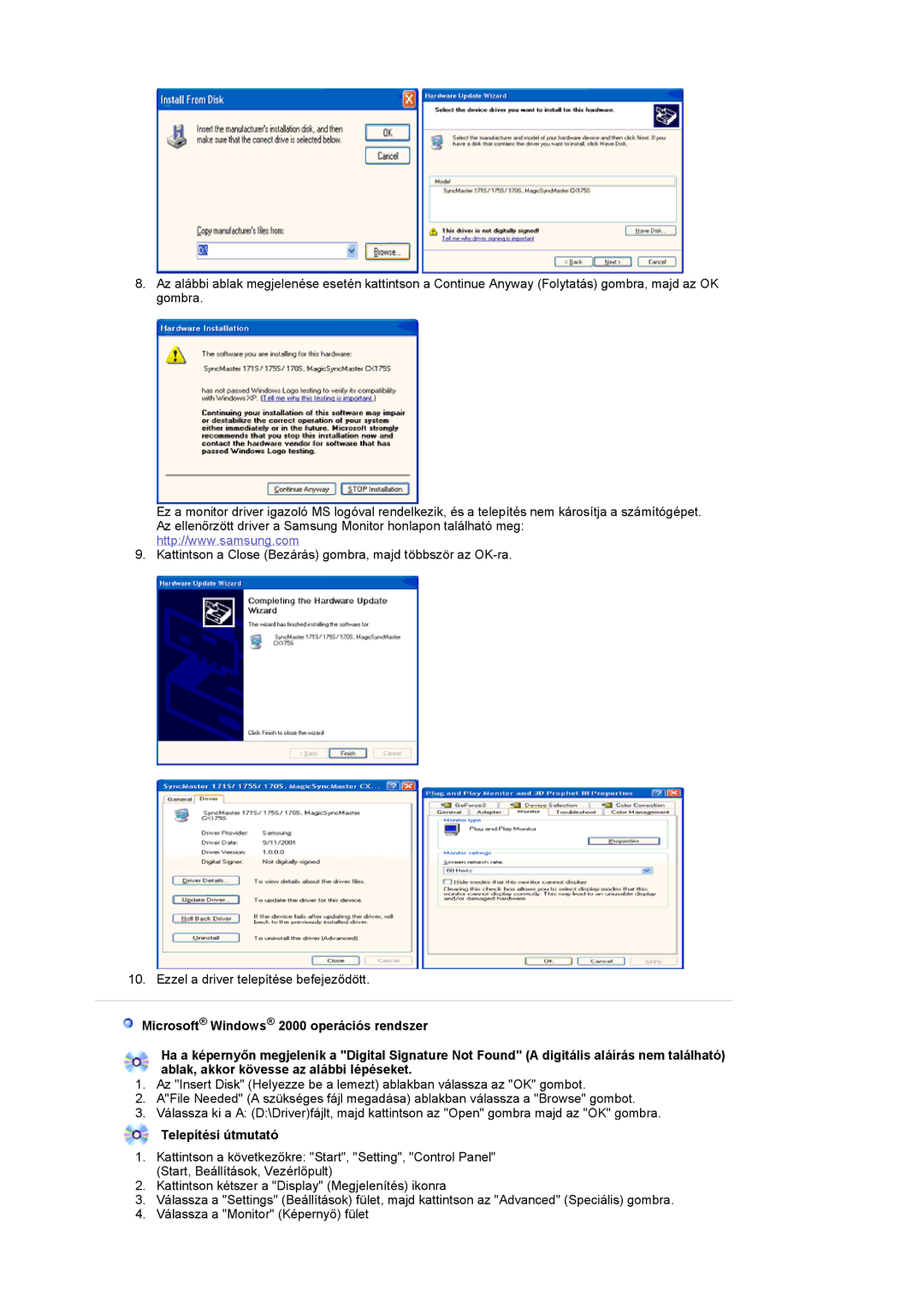 Samsung LS17MCASS/EDC manual Telepítési útmutató 