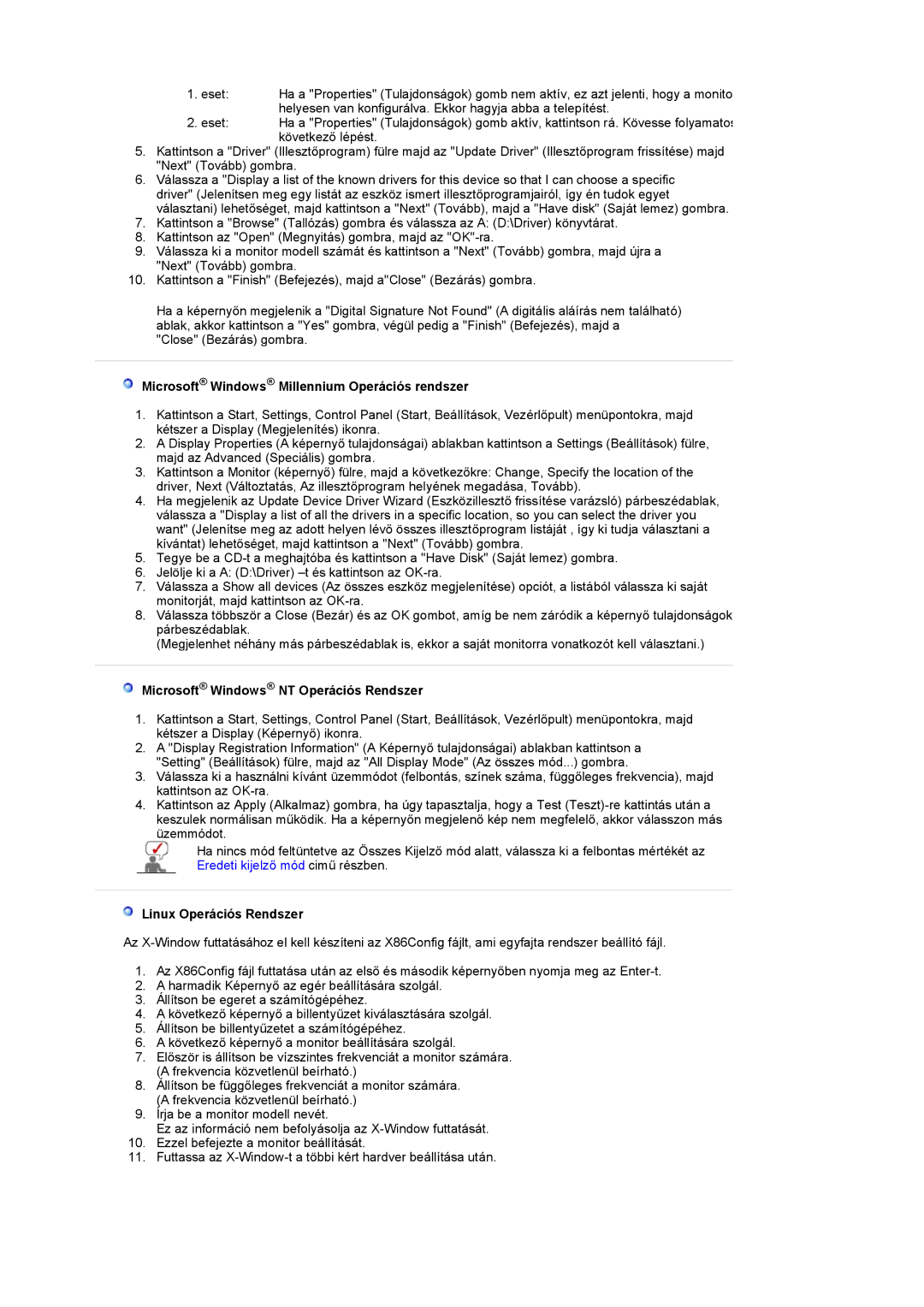 Samsung LS17MCASS/EDC manual Microsoft Windows Millennium Operációs rendszer, Microsoft Windows NT Operációs Rendszer 