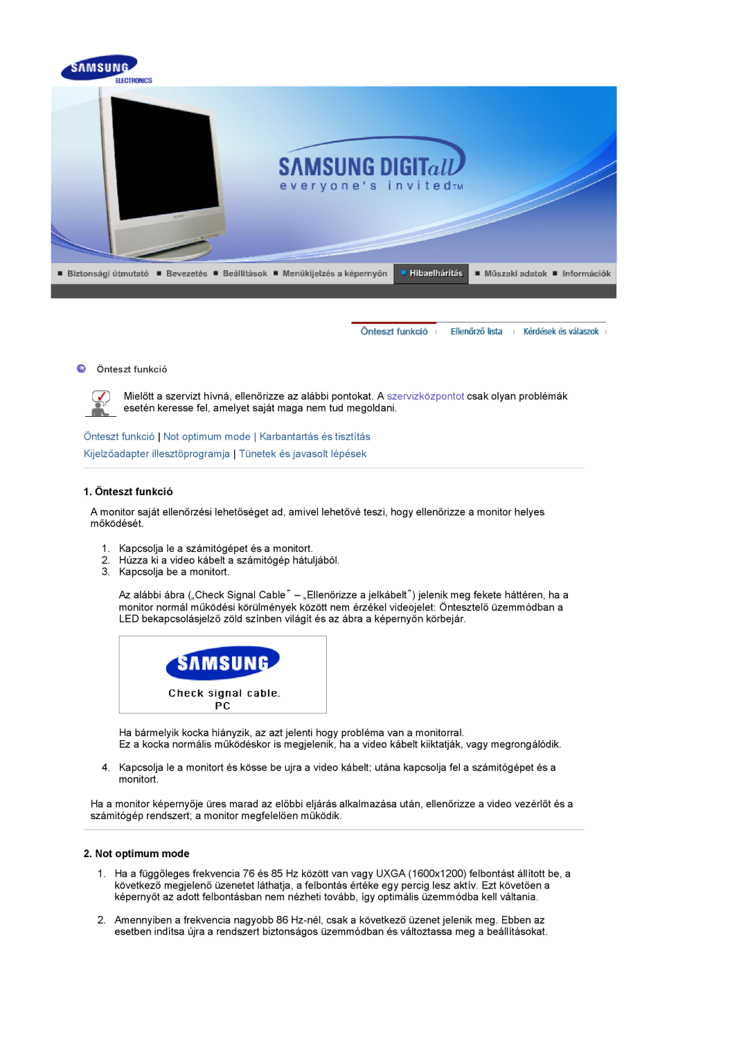 Samsung LS17MCASS/EDC manual Önteszt funkció, Not optimum mode 