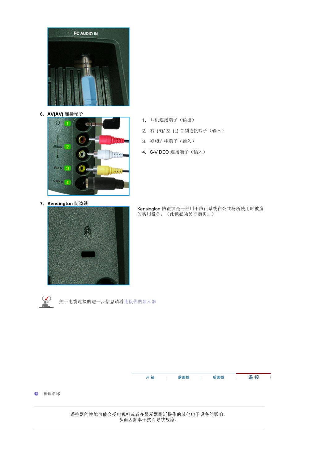 Samsung LS17MCASS/EDC manual Avav 连接端子, Kensington 防盗锁, 遥控器的性能可能会受电视机或者在显示器附近操作的其他电子设备的影响， 从而因频率干扰而导致故障。 