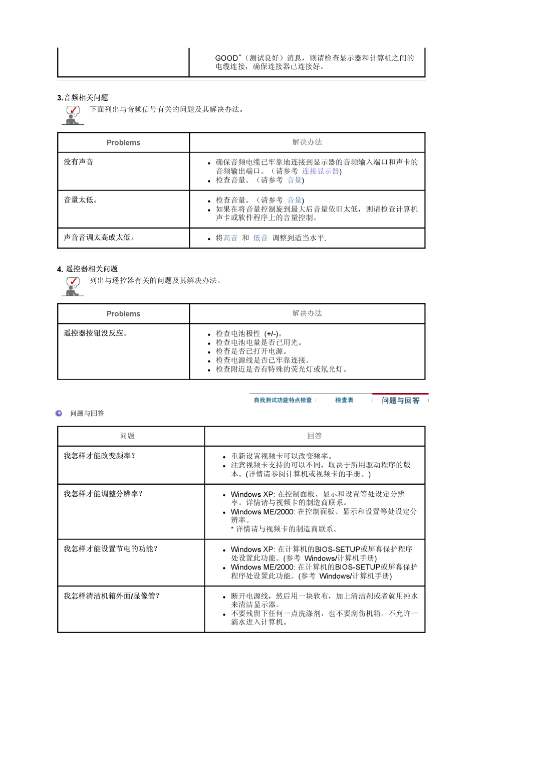 Samsung LS17MCASS/EDC manual 音频相关问题, 没有声音, 音量太低。, 声音音调太高或太低。, 遥控器相关问题, 遥控器按钮没反应。 