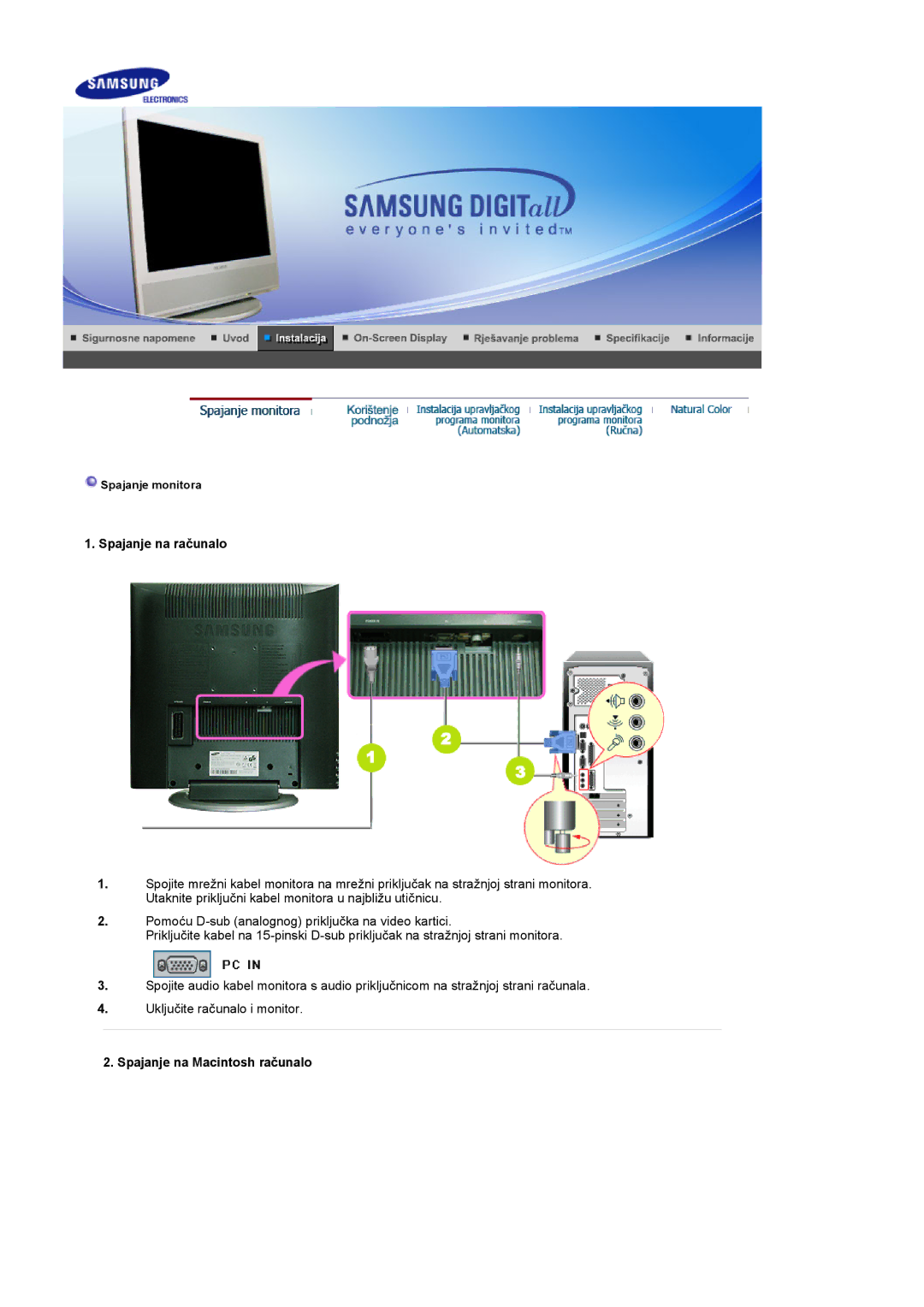 Samsung LS17MCASS/EDC manual Spajanje na računalo, Spajanje na Macintosh računalo 