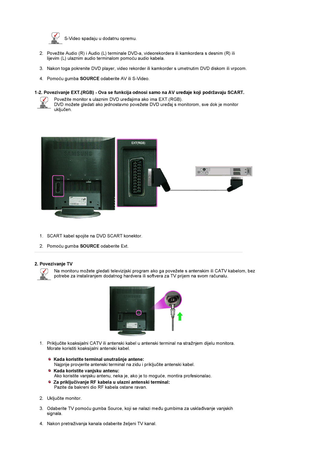 Samsung LS17MCASS/EDC manual Povezivanje TV, Kada koristite terminal unutrašnje antene, Kada koristite vanjsku antenu 