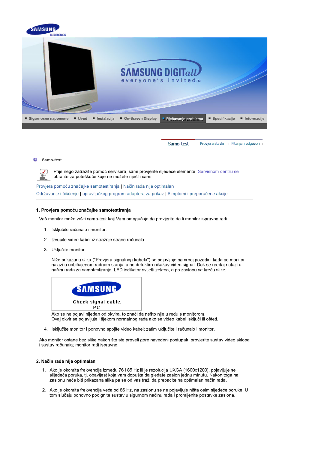 Samsung LS17MCASS/EDC manual Provjera pomoću značajke samotestiranja, Način rada nije optimalan 