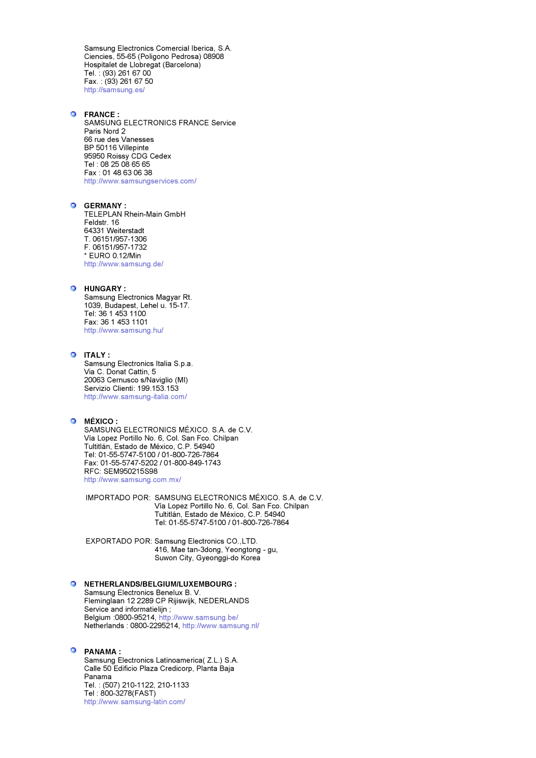 Samsung LS17MCASS/EDC manual France, Germany, Hungary, Italy, México, Netherlands/Belgium/Luxembourg, Panama 