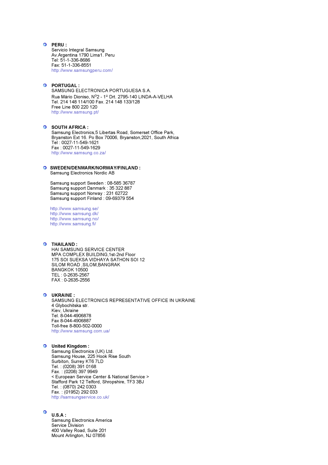 Samsung LS17MCASS/EDC manual Peru, Portugal, South Africa, Sweden/Denmark/Norway/Finland, Thailand, Ukraine 