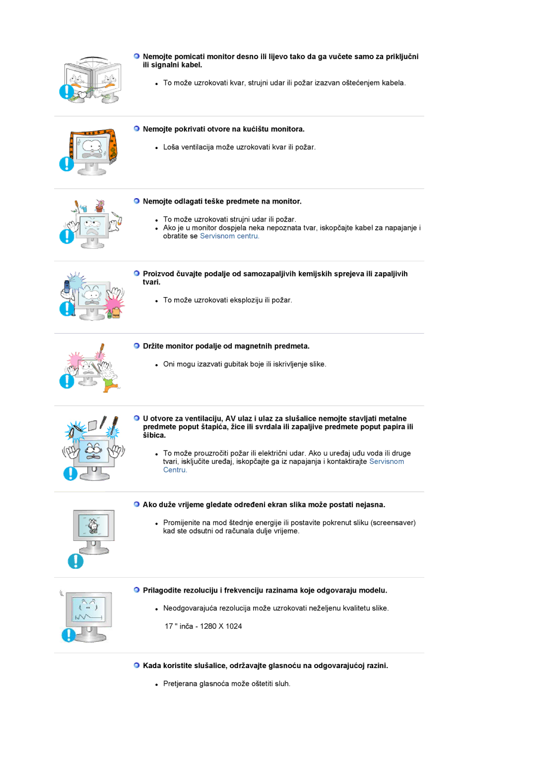 Samsung LS17MCASS/EDC manual Nemojte pokrivati otvore na kućištu monitora, Nemojte odlagati teške predmete na monitor 