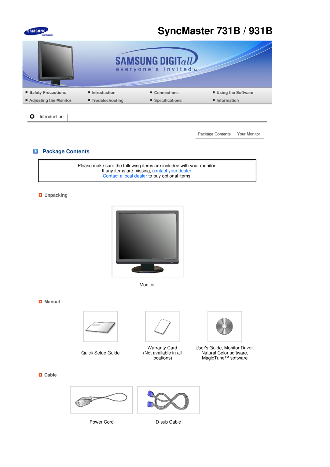 Samsung LS19MEHSSV/ILC, LS17MEDSB1/XSJ, LS19MEDSB1/XSJ, LS19MEDSBQ/EDC manual SyncMaster 731B / 931B, Package Contents 