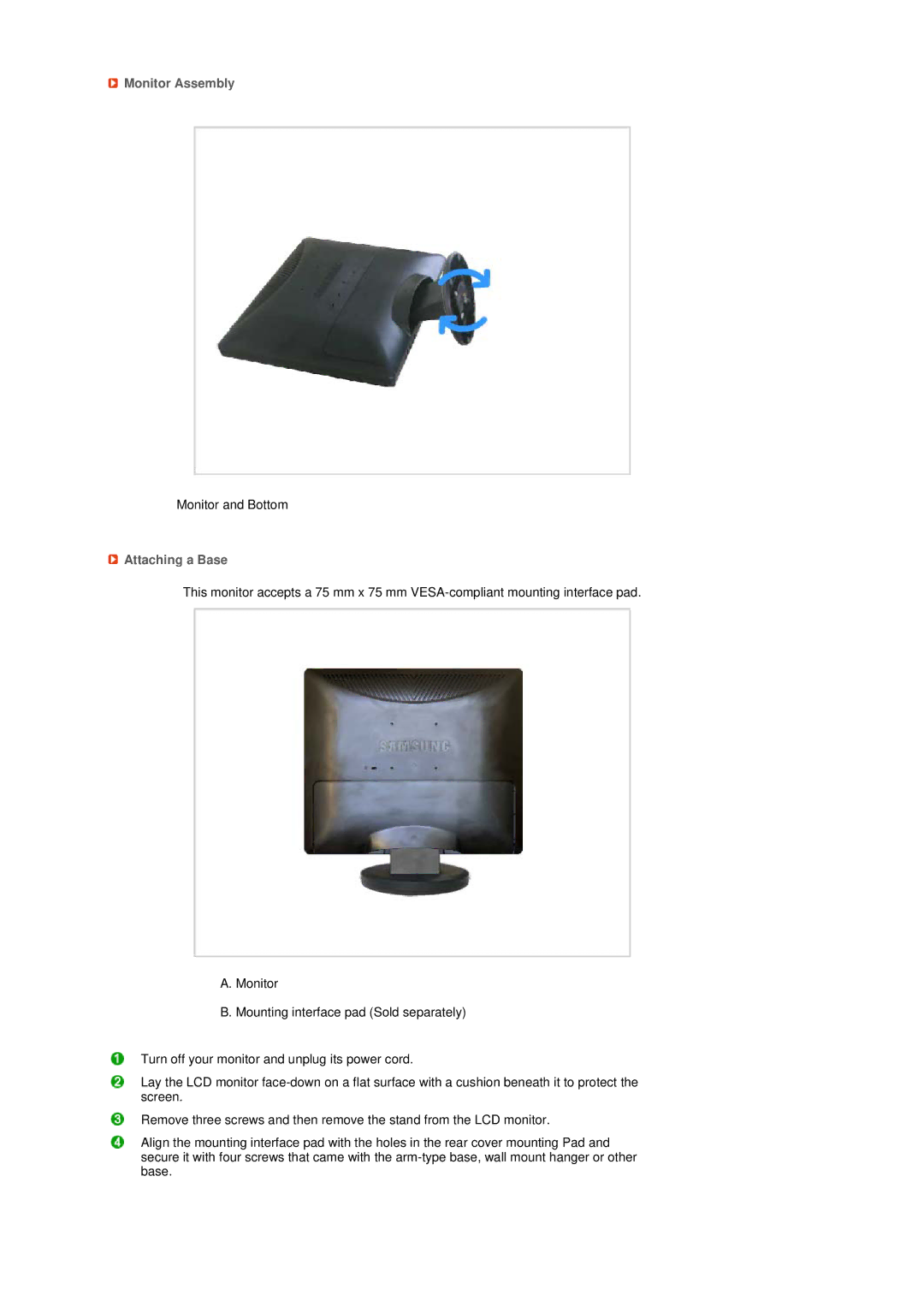 Samsung LS19MEBSBQ/TRU, LS17MEDSB1/XSJ, LS19MEDSB1/XSJ, LS19MEDSBQ/EDC, LS17MEDSBQ/EDC Monitor Assembly, Attaching a Base 