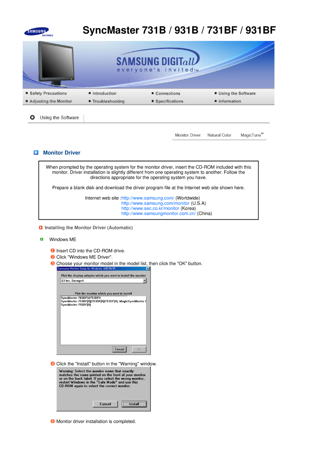 Samsung LS17MEDSSQ/XTW, LS17MEDSB1/XSJ, LS19MEDSB1/XSJ, LS19MEDSBQ/EDC manual Installing the Monitor Driver Automatic 