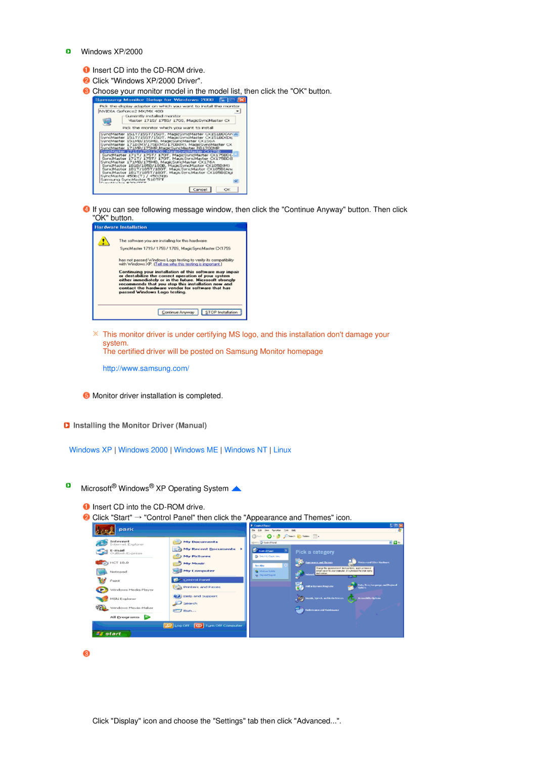 Samsung LS17MEDSBQ/ILC manual Installing the Monitor Driver Manual, Windows XP Windows 2000 Windows ME Windows NT Linux 