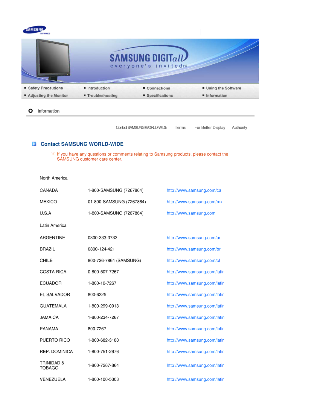 Samsung LS19MEHSSV/ILC, LS17MEDSB1/XSJ, LS19MEDSB1/XSJ, LS19MEDSBQ/EDC, LS17MEDSBQ/EDC manual Contact Samsung WORLD-WIDE 