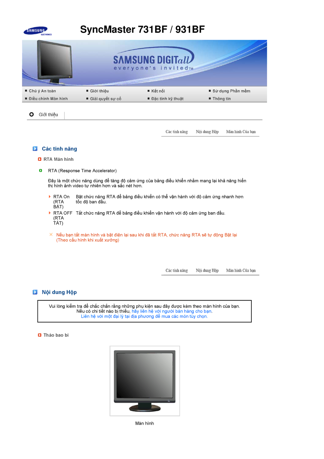 Samsung LS17MEDSSQ/VNT, LS17MEDSBQ/XSS manual Các tính năng, RTA Màn hình 