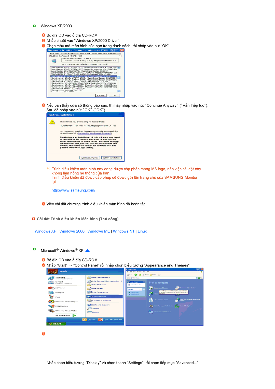 Samsung LS17MEDSBQ/XSS Cài đặt Trình điều khiển Màn hình Thủ công, Windows XP Windows 2000 Windows ME Windows NT Linux 