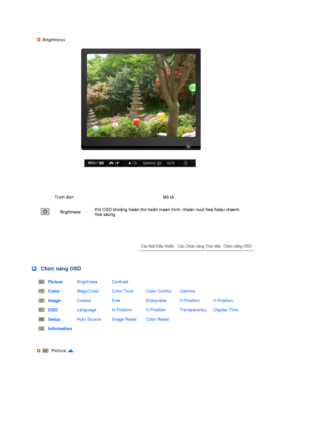 Samsung LS17MEDSSQ/VNT, LS17MEDSBQ/XSS manual Chức năng OSD, Brightness, Picture 