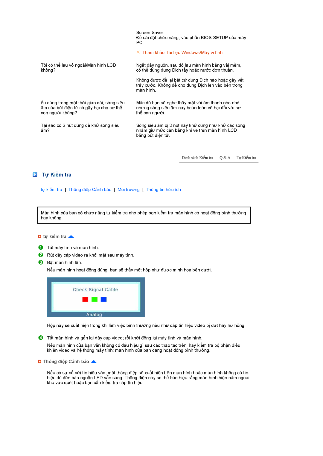 Samsung LS17MEDSSQ/VNT, LS17MEDSBQ/XSS manual Tự Kiểm tra, Tự kiểm tra, Thông điệp Cảnh báo 