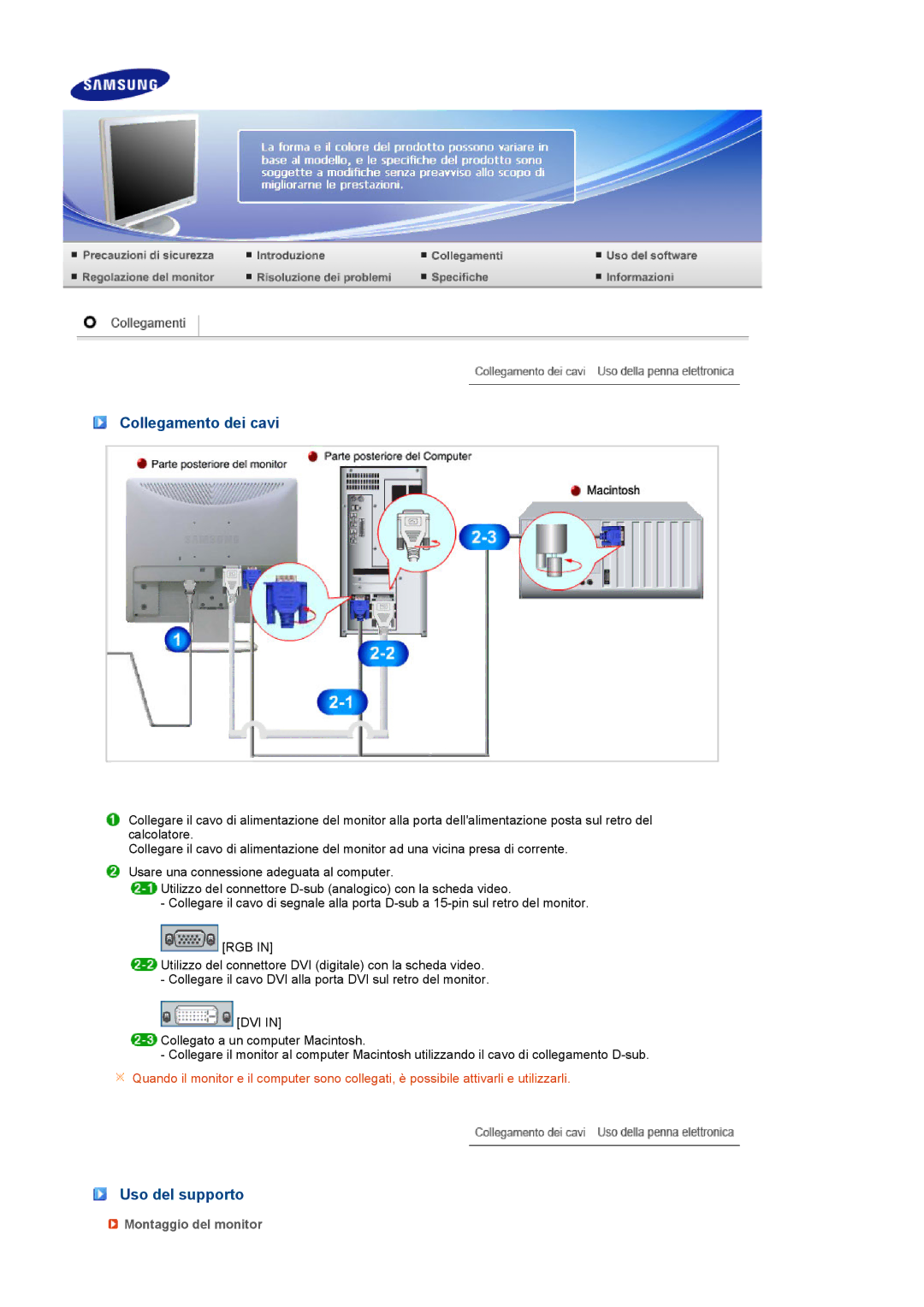 Samsung LS17MERSSQ/XSE manual Collegamento dei cavi, Uso del supporto, Montaggio del monitor 