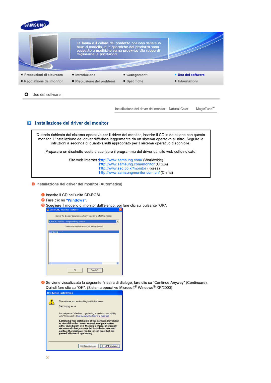 Samsung LS17MERSSQ/XSE manual Installazione del driver del monitor Automatica 