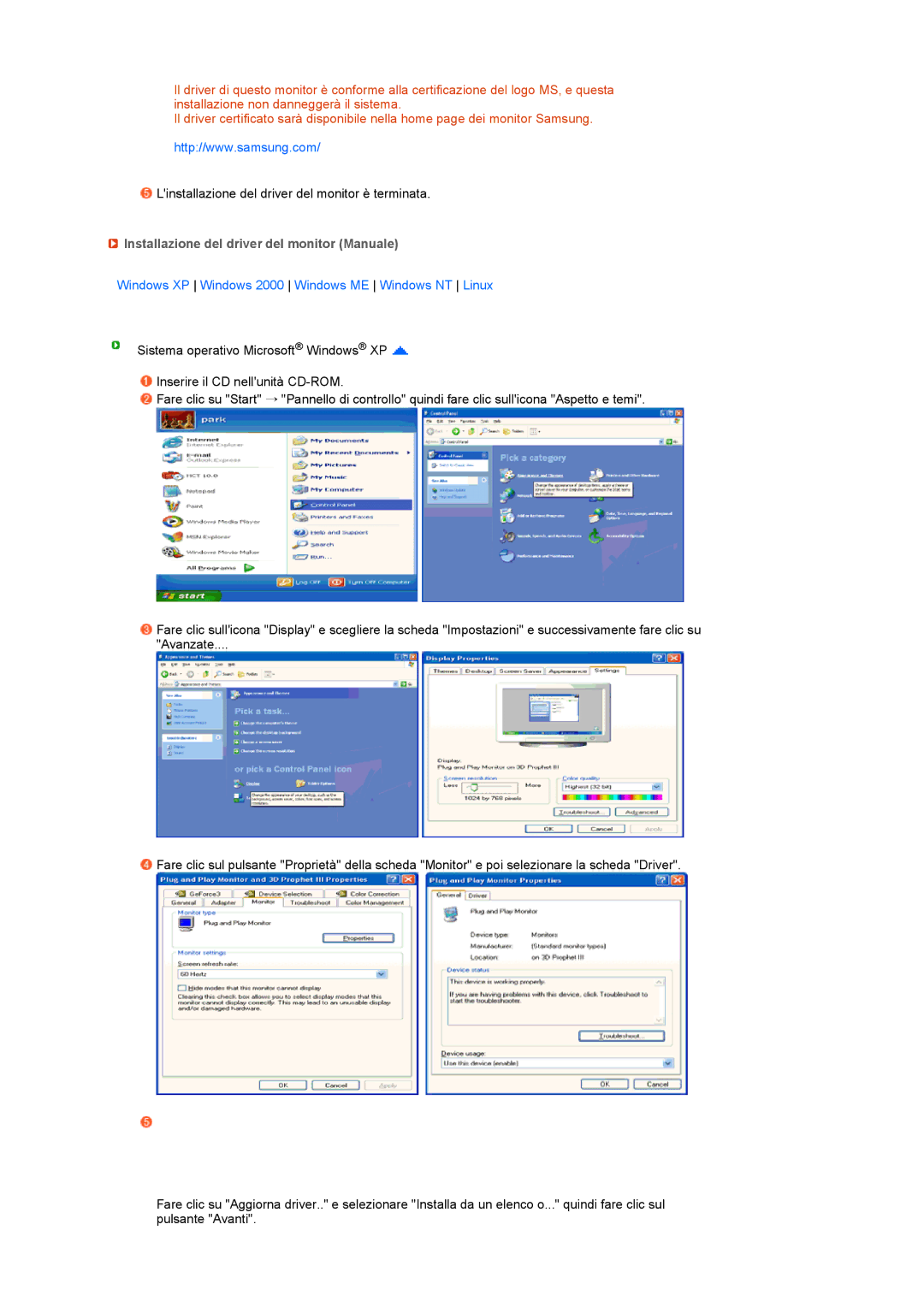 Samsung LS17MERSSQ/XSE Installazione del driver del monitor Manuale, Windows XP Windows 2000 Windows ME Windows NT Linux 