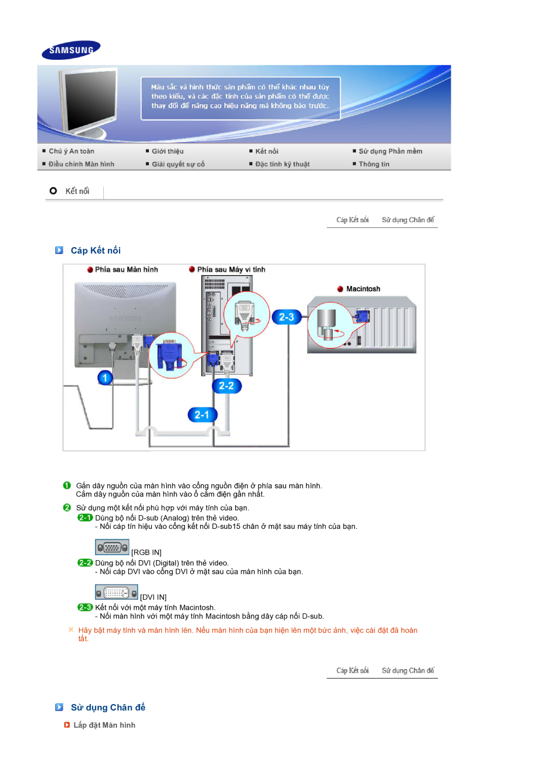 Samsung LS17MERSSQ/XSV manual Cáp Kết nối, Sử dụng Chân đế, Lắp đặt Màn hình 