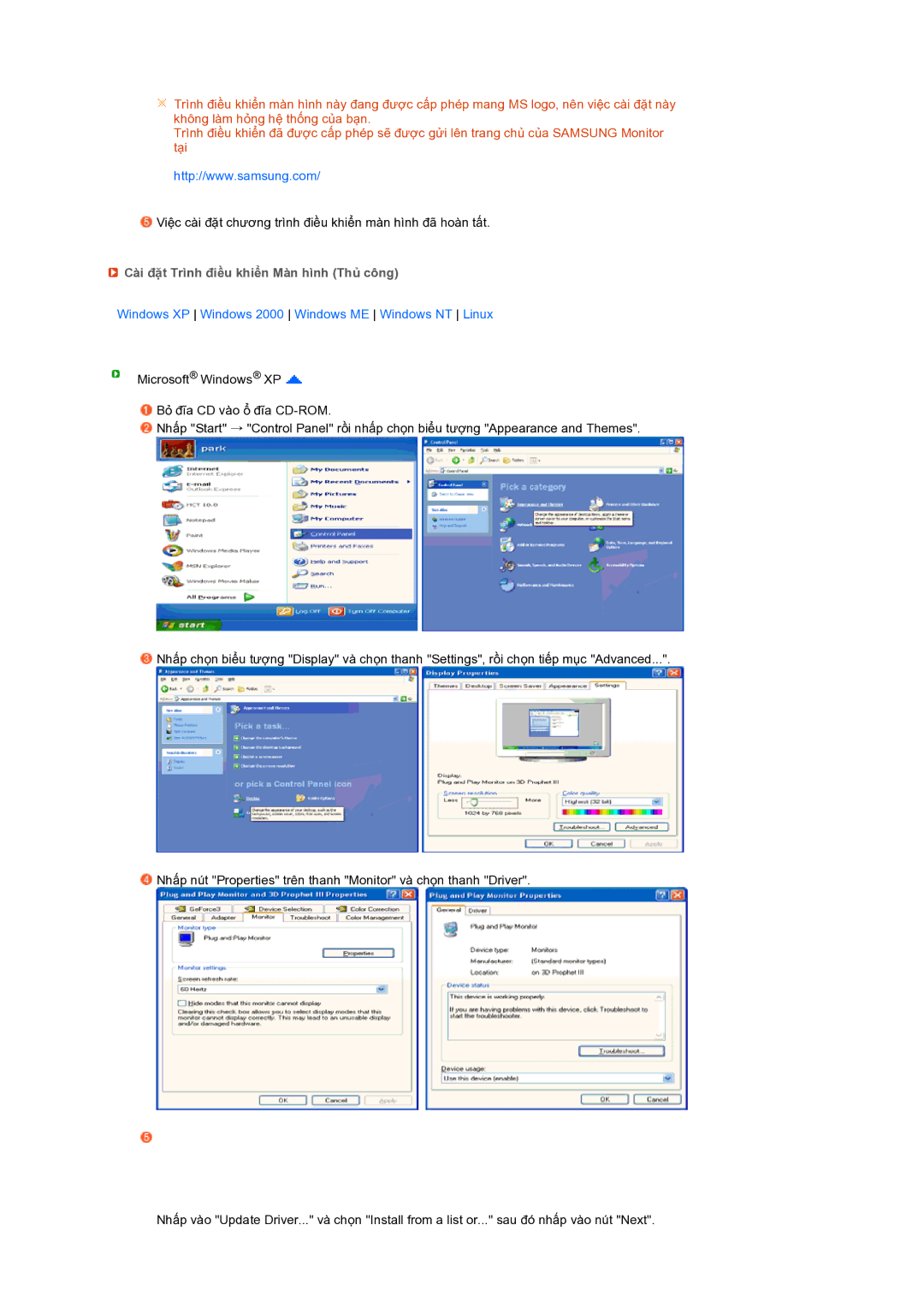 Samsung LS17MERSSQ/XSV Cài đặt Trình điều khiển Màn hình Thủ công, Windows XP Windows 2000 Windows ME Windows NT Linux 