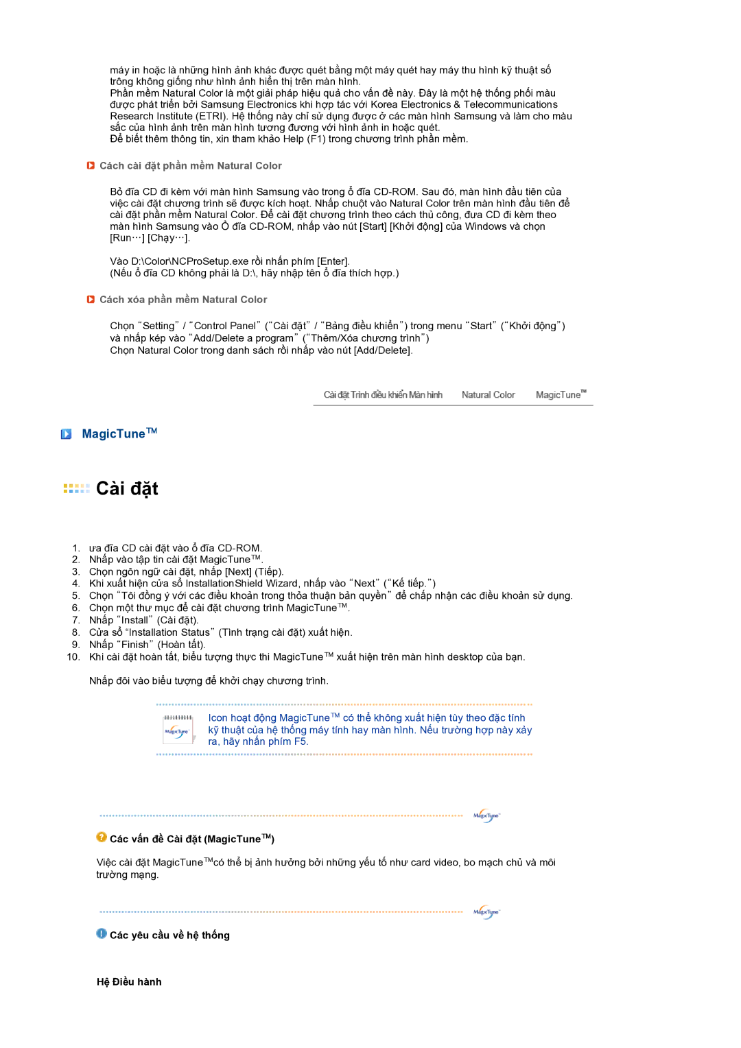Samsung LS17MERSSQ/XSV manual MagicTune, Cách cài đặt phần mềm Natural Color, Cách xóa phần mềm Natural Color 