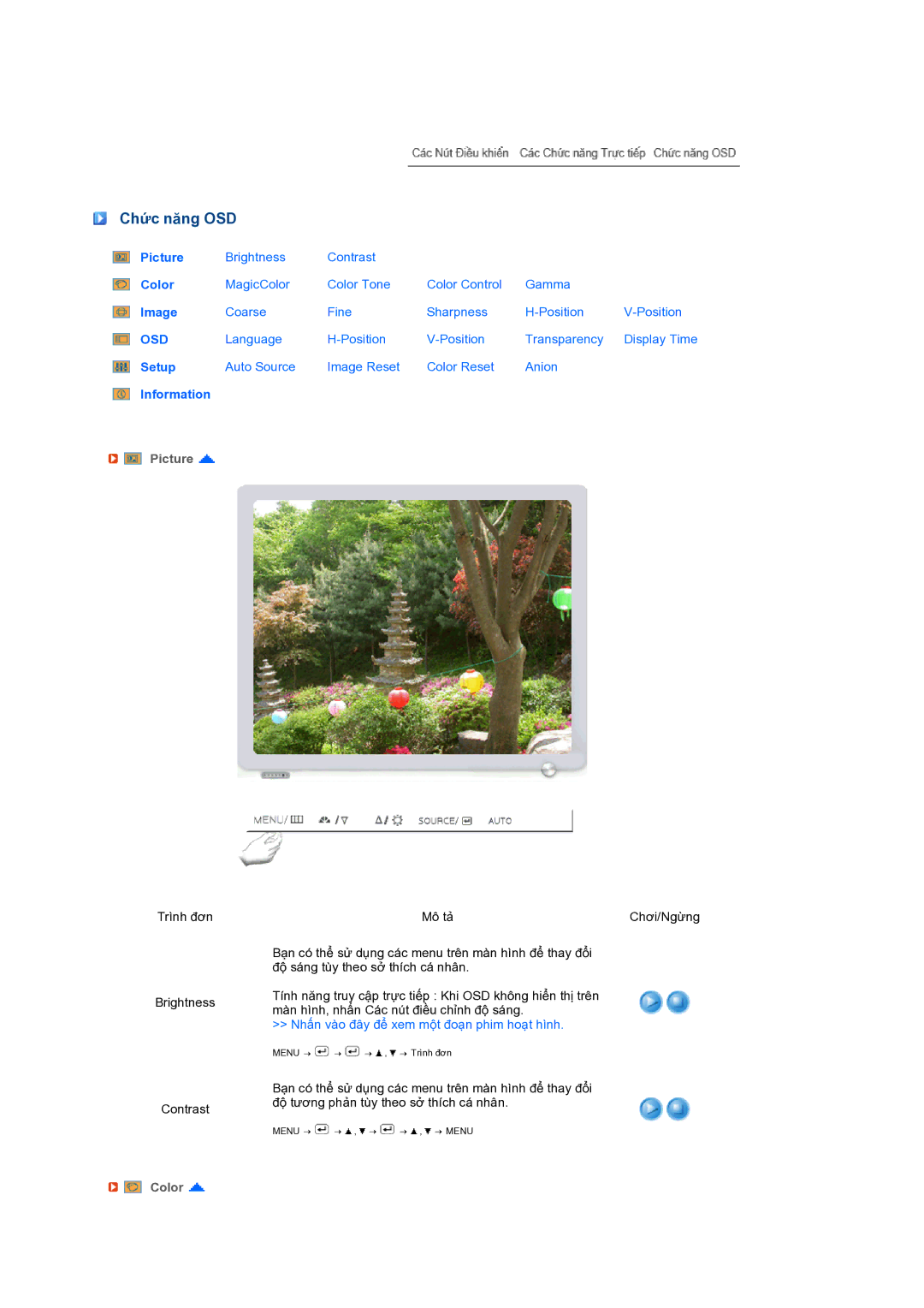 Samsung LS17MERSSQ/XSV manual Chức năng OSD, Picture, Color 