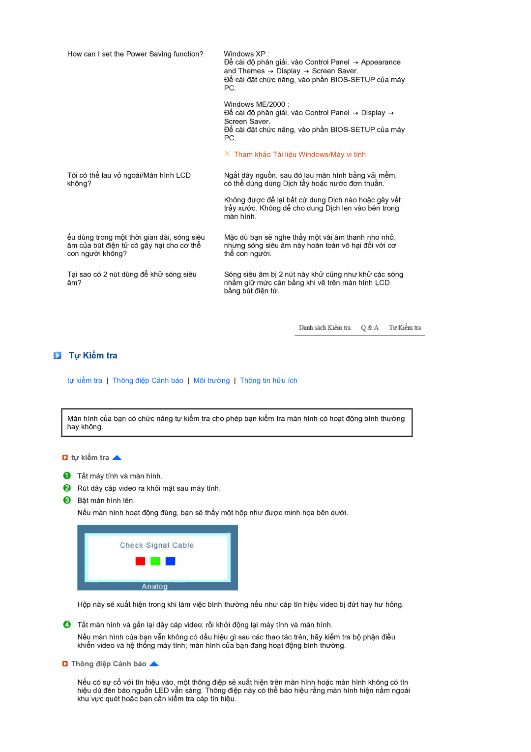 Samsung LS17MERSSQ/XSV manual Tự Kiểm tra, Tự kiểm tra, Thông điệp Cảnh báo 