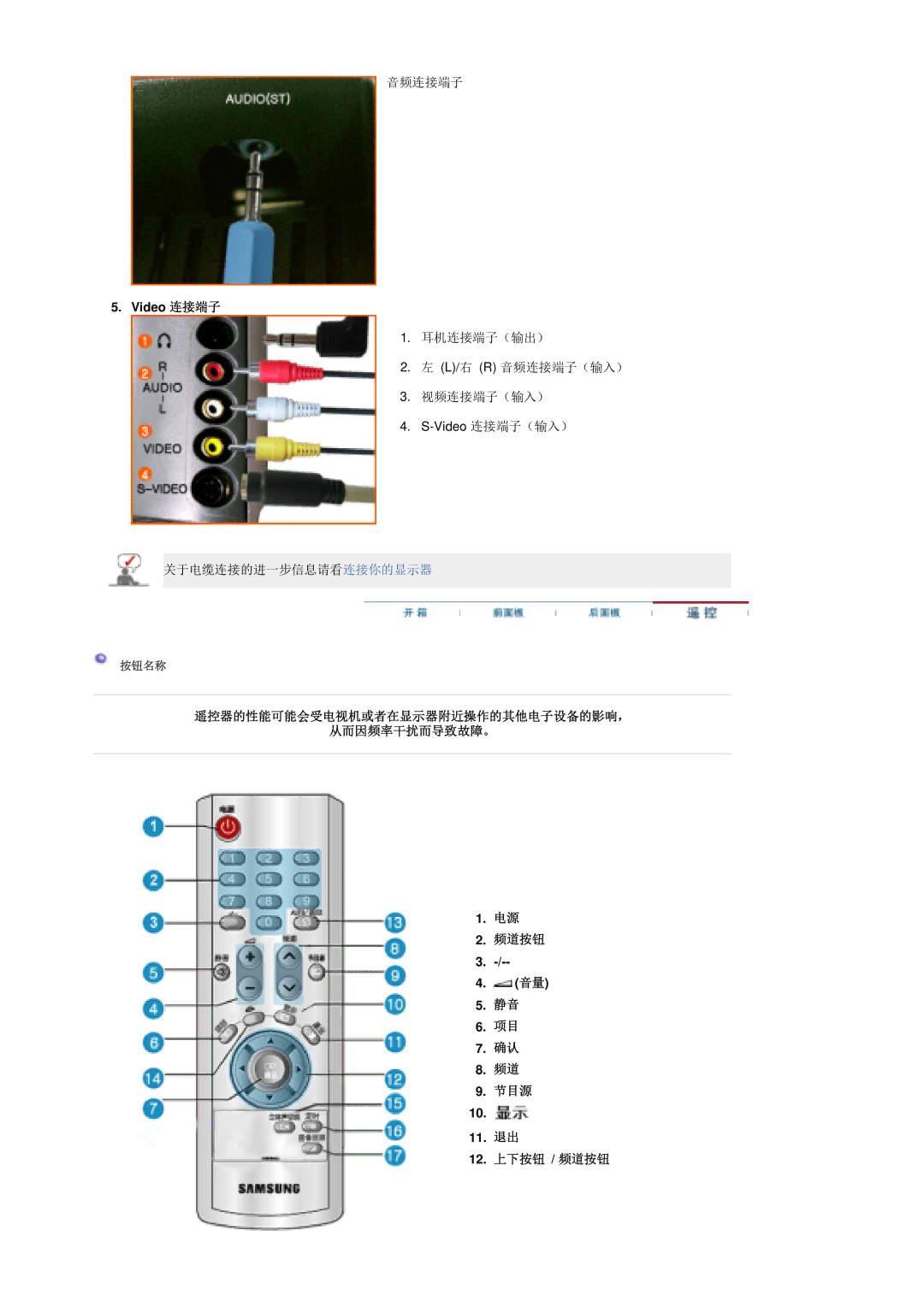 Samsung LS17MHASSZ/EDC Video 连接端子, 遥控器的性能可能会受电视机或者在显示器附近操作的其他电子设备的影响， 从而因频率干扰而导致故障。 频道按钮, 节目源 11. 退出, 12. 上下按钮 / 频道按钮 