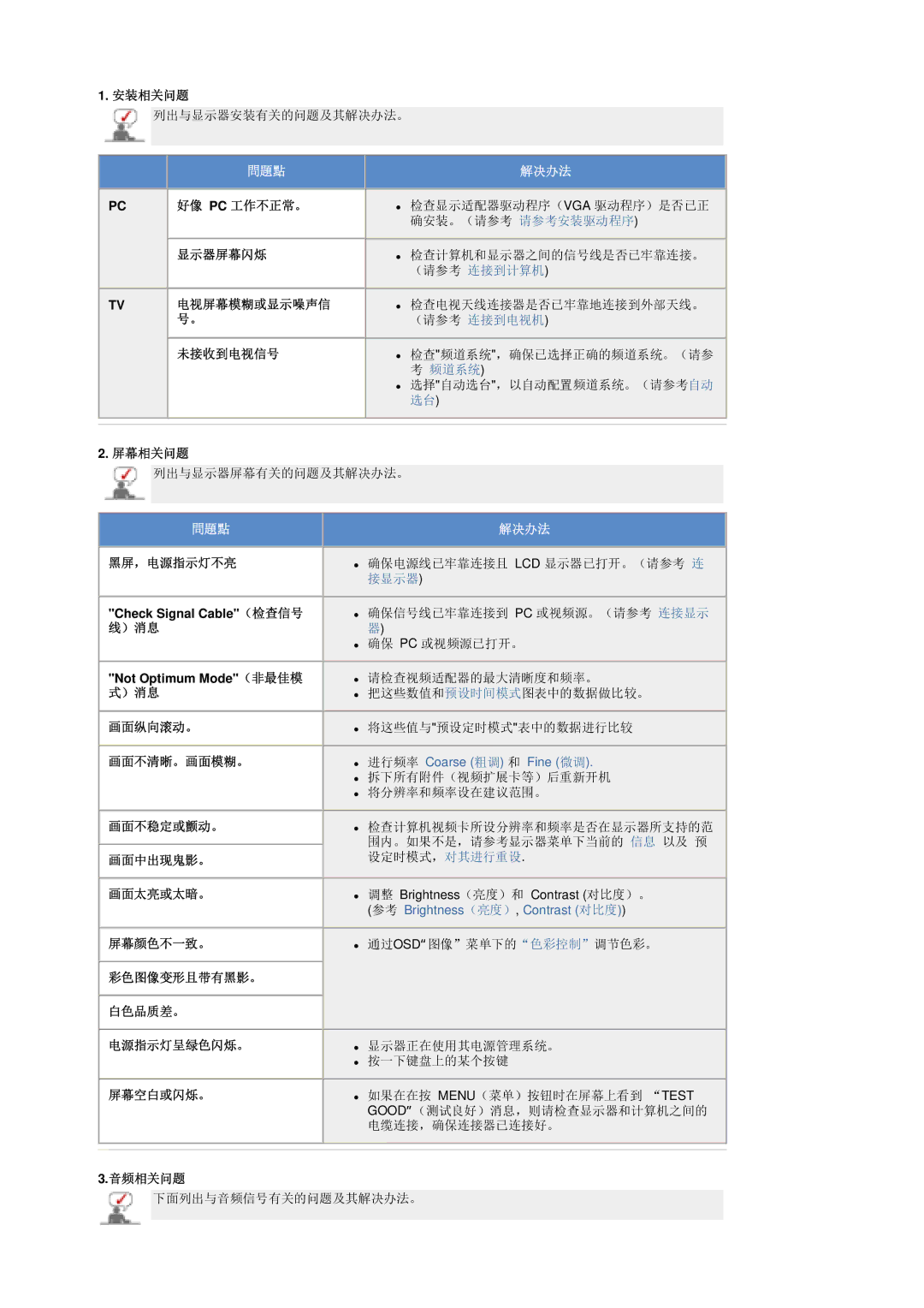 Samsung LS17MHASSZ/EDC 安装相关问题, 好像 Pc 工作不正常。, 显示器屏幕闪烁, 电视屏幕模糊或显示噪声信, 未接收到电视信号, 屏幕相关问题, 画面不稳定或颤动。 画面中出现鬼影。 画面太亮或太暗。 屏幕颜色不一致。 