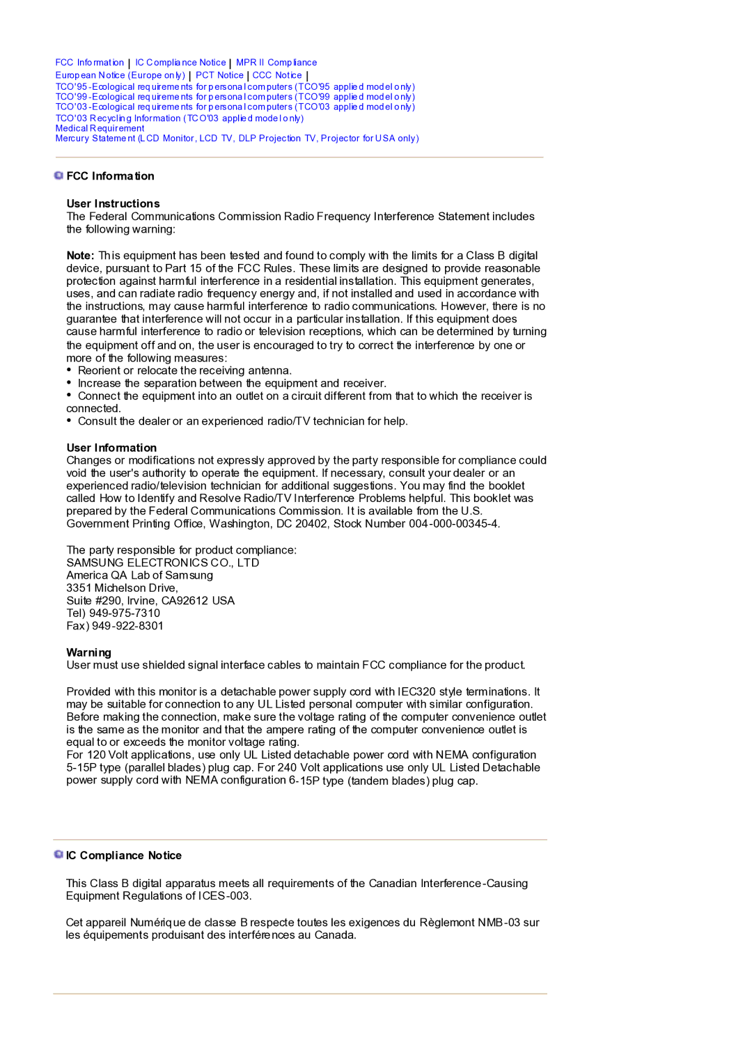 Samsung LS17MHASSZ/EDC, MH17ASSS/EDC manual FCC Information User Instructions, User Information, IC Compliance Notice 