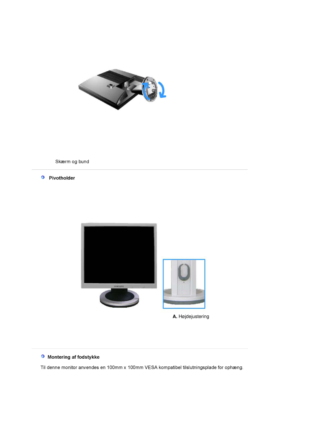 Samsung MJ17CSKS/EDC, LS17MJCKN/EDC, MJ17CSTS/EDC manual Pivotholder, Montering af fodstykke 