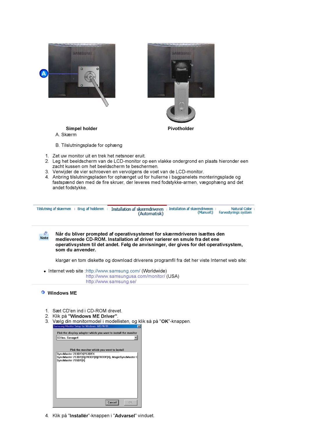 Samsung MJ17CSTS/EDC, LS17MJCKN/EDC, MJ17CSKS/EDC manual Simpel holder Pivotholder, Klik på Windows ME Driver 