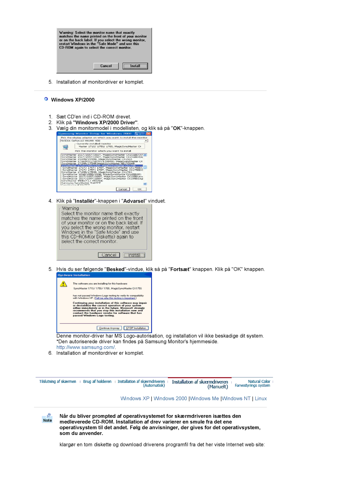 Samsung LS17MJCKN/EDC, MJ17CSKS/EDC, MJ17CSTS/EDC manual Klik på Windows XP/2000 Driver 