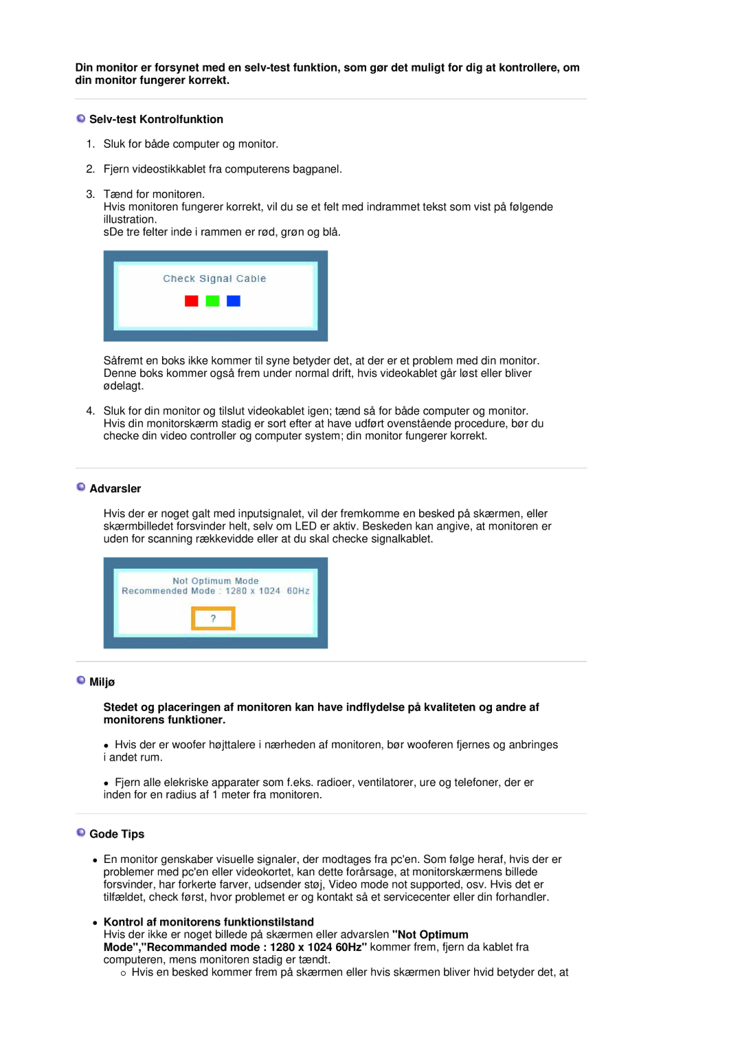 Samsung LS17MJCKN/EDC, MJ17CSKS/EDC, MJ17CSTS/EDC manual Advarsler, Gode Tips, Kontrol af monitorens funktionstilstand 