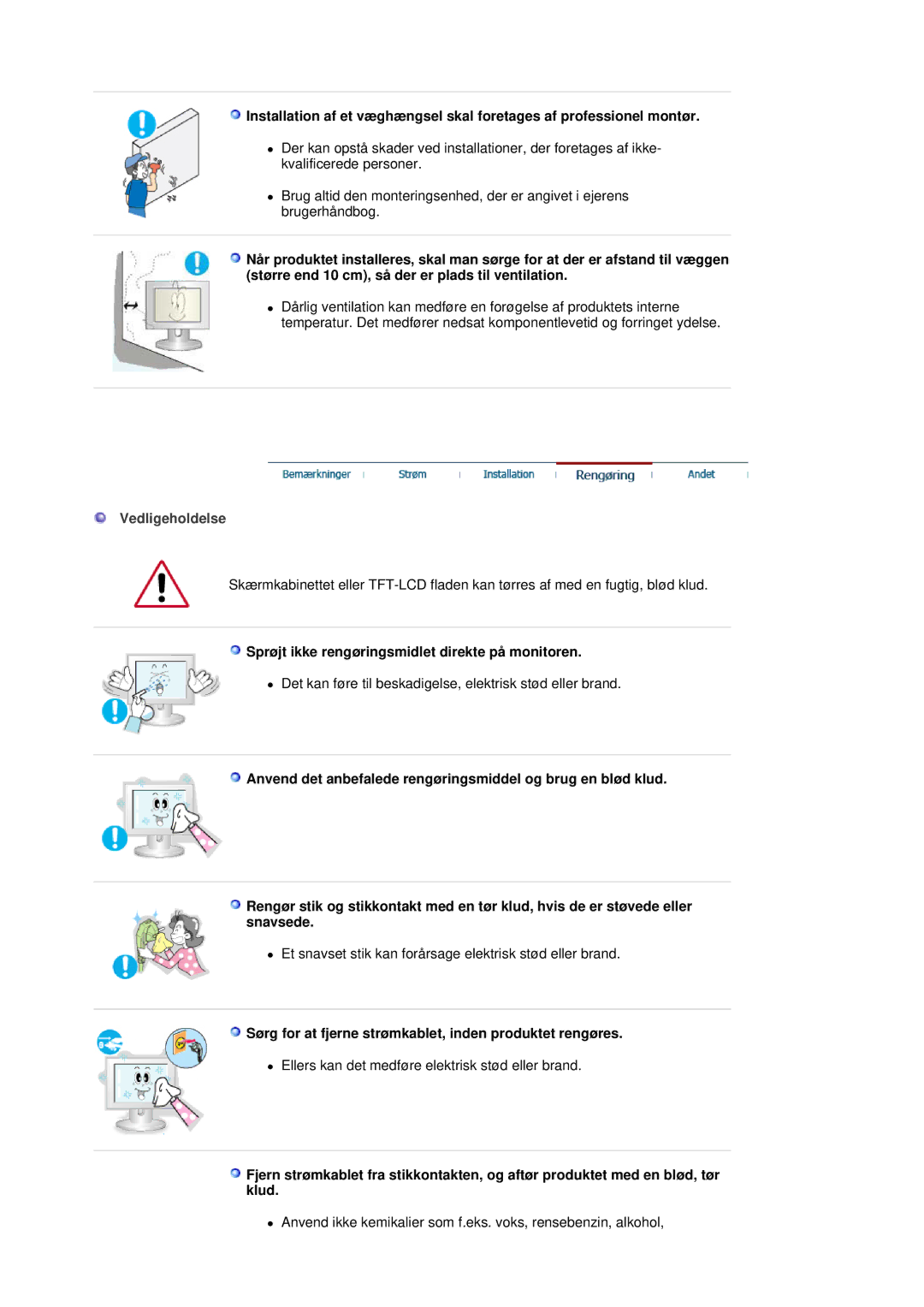 Samsung MJ17CSTS/EDC, LS17MJCKN/EDC, MJ17CSKS/EDC manual Vedligeholdelse, Sprøjt ikke rengøringsmidlet direkte på monitoren 