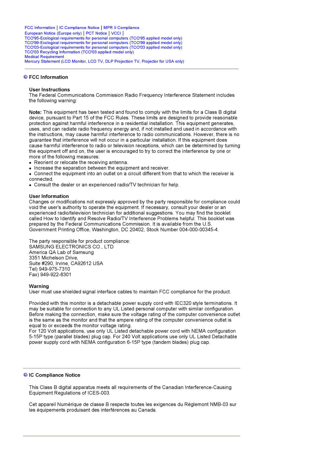 Samsung MJ17CSKS/EDC, LS17MJCKN/EDC, MJ17CSTS/EDC FCC Information User Instructions, User Information, IC Compliance Notice 