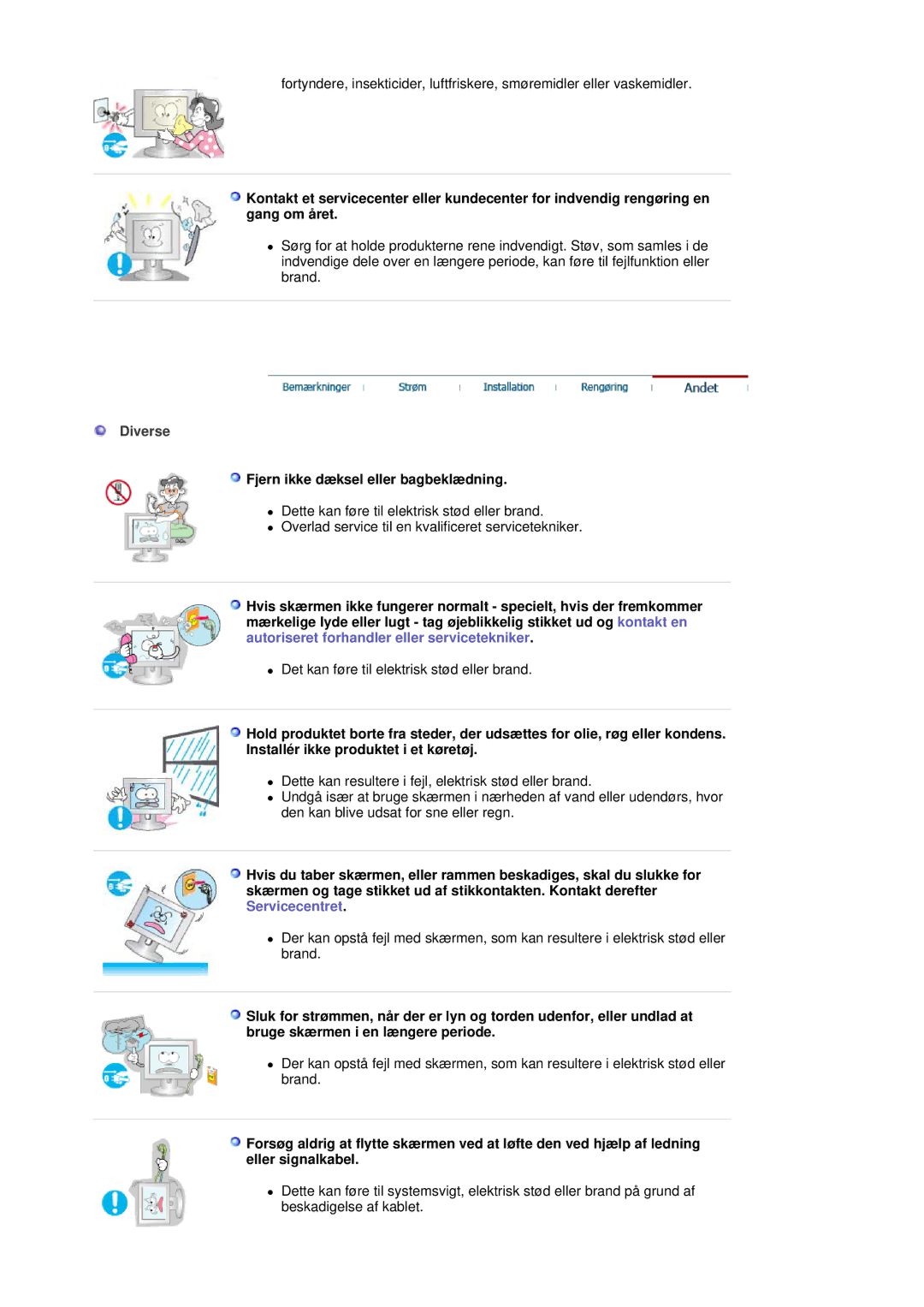 Samsung LS17MJCKN/EDC, MJ17CSKS/EDC, MJ17CSTS/EDC manual Diverse, Fjern ikke dæksel eller bagbeklædning 