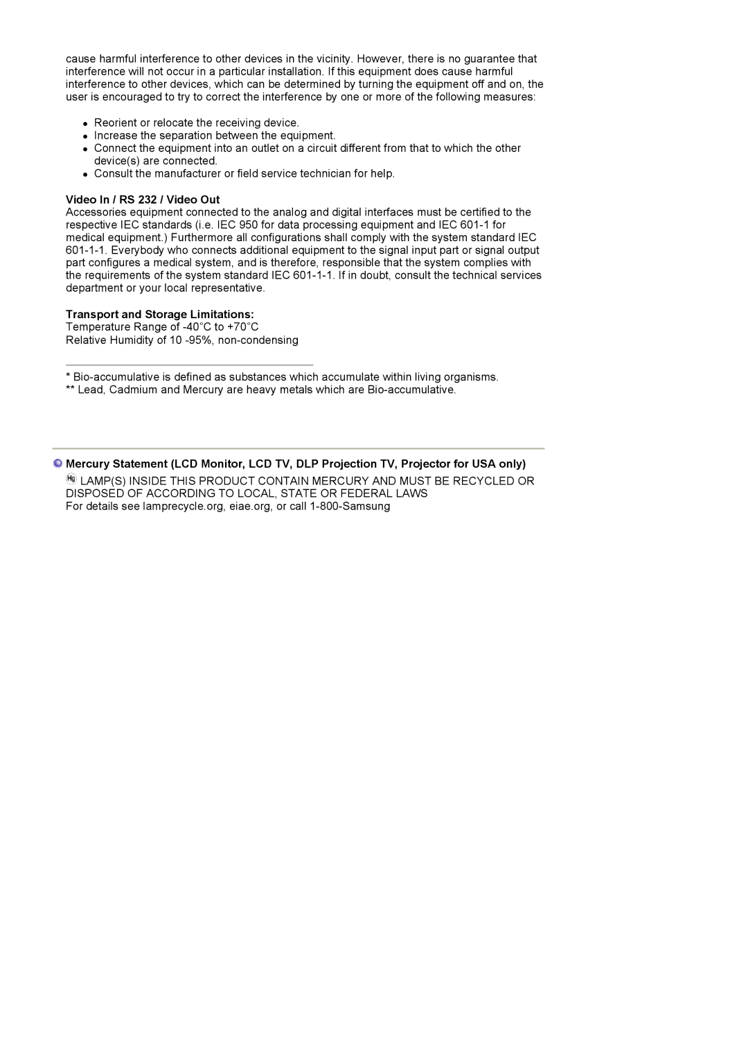 Samsung MJ17CSKS/EDC, LS17MJCKN/EDC, MJ17CSTS/EDC manual Video In / RS 232 / Video Out, Transport and Storage Limitations 