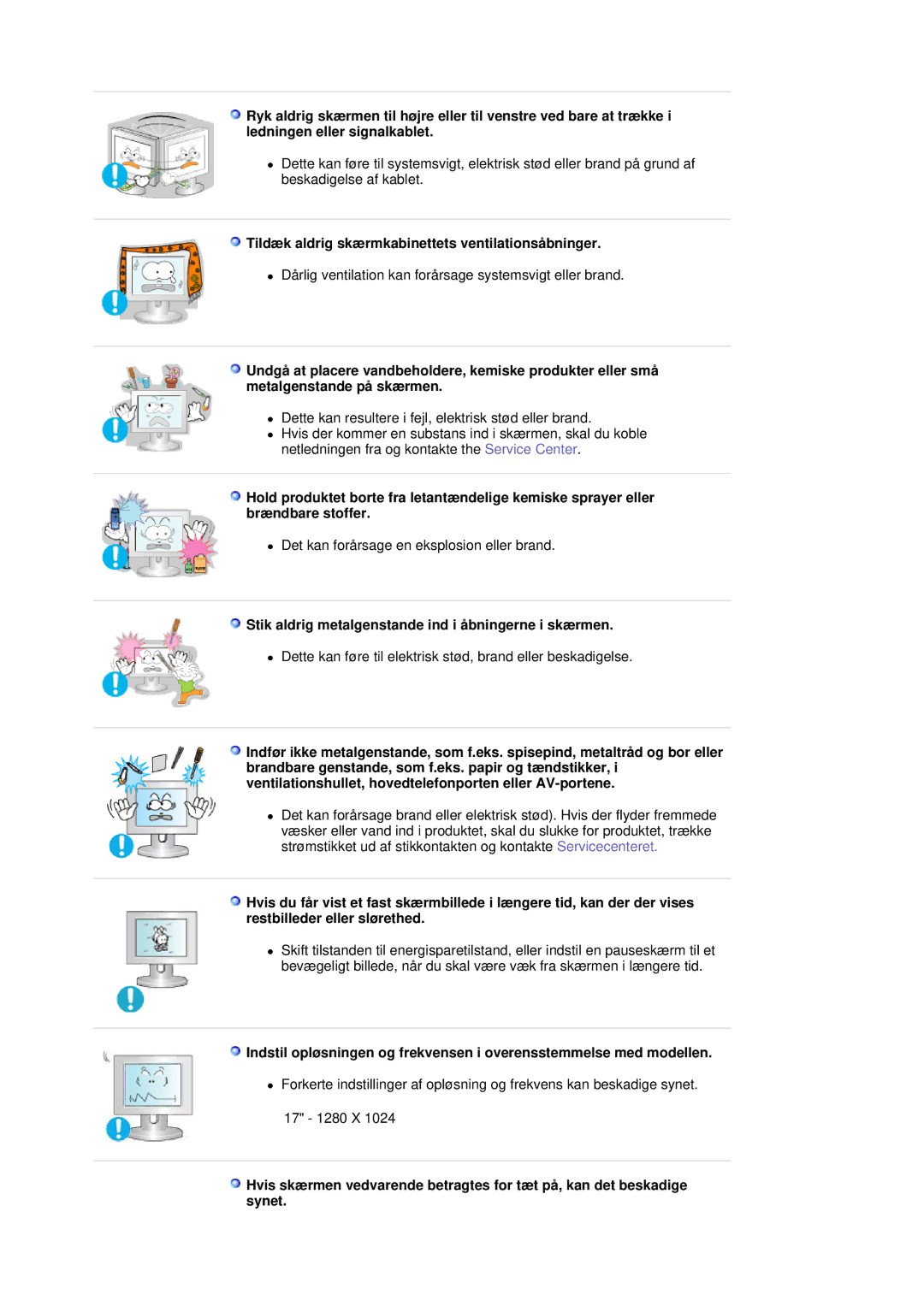 Samsung MJ17CSKS/EDC, LS17MJCKN/EDC, MJ17CSTS/EDC manual Tildæk aldrig skærmkabinettets ventilationsåbninger 