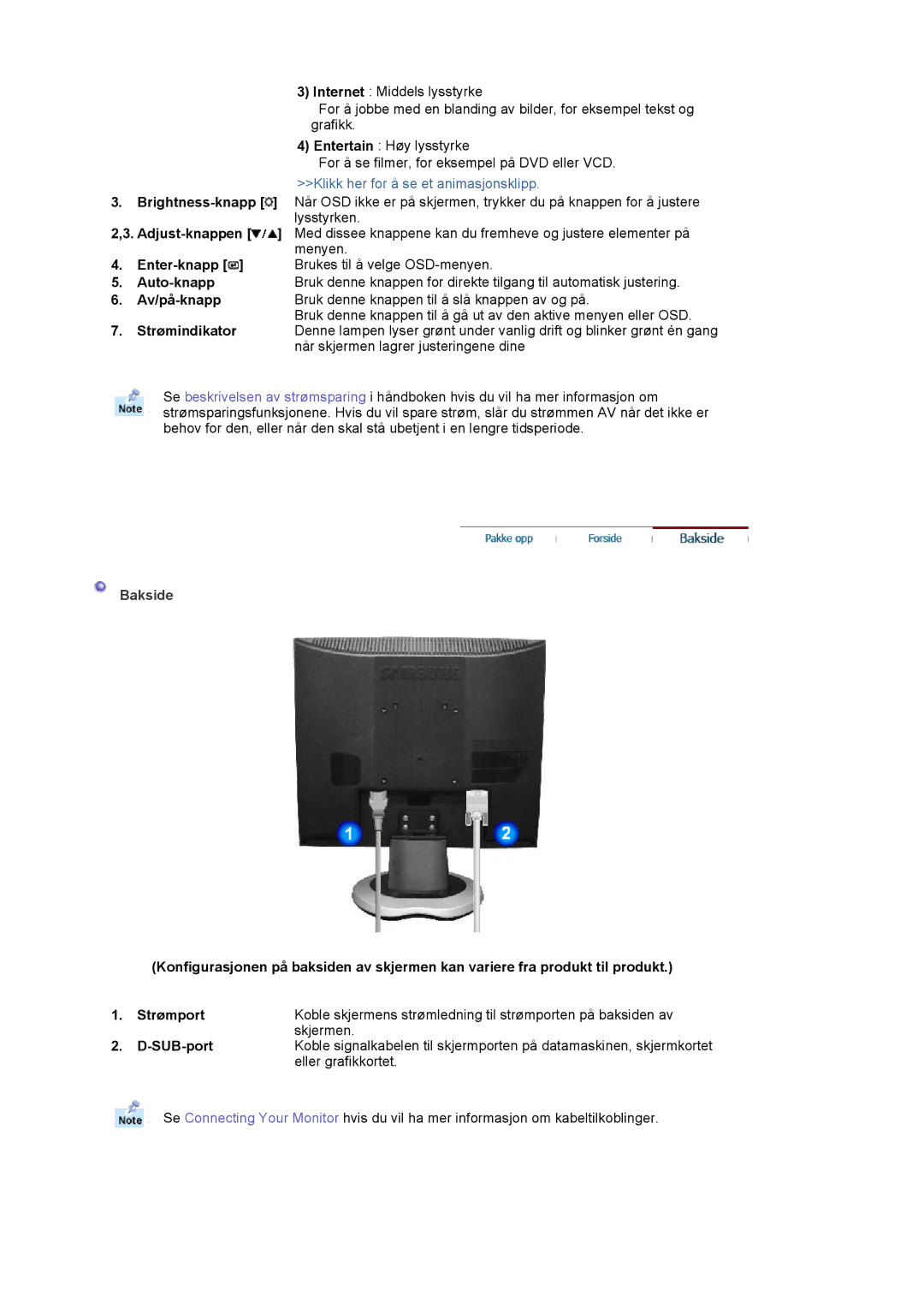 Samsung MJ17CSTS/EDC, LS17MJCKN/EDC, MJ17CSKS/EDC manual Når skjermen lagrer justeringene dine, Bakside, Eller grafikkortet 