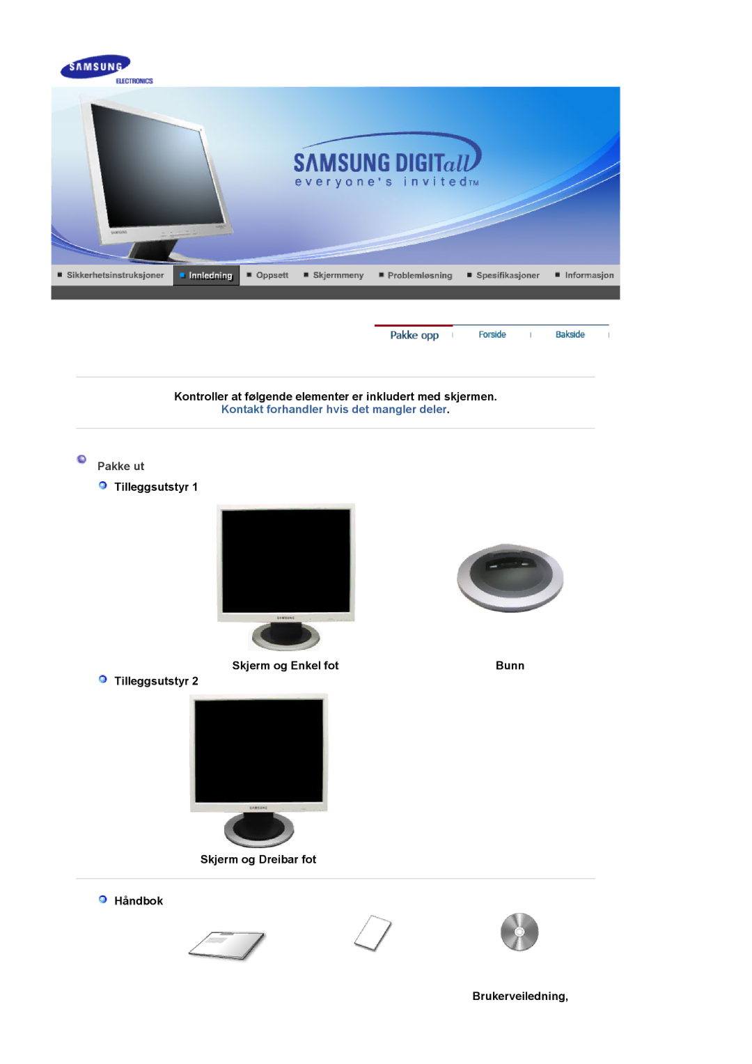 Samsung LS17MJCKN/EDC, MJ17CSKS/EDC, MJ17CSTS/EDC manual Kontroller at følgende elementer er inkludert med skjermen, Pakke ut 